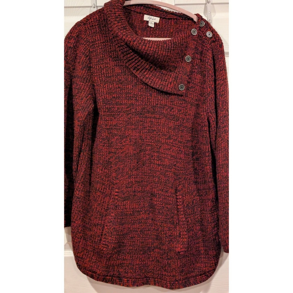 Style & Co Womens Pullover Tunic  Sweater 1X Red Button Cowl Neck Long Sleeve